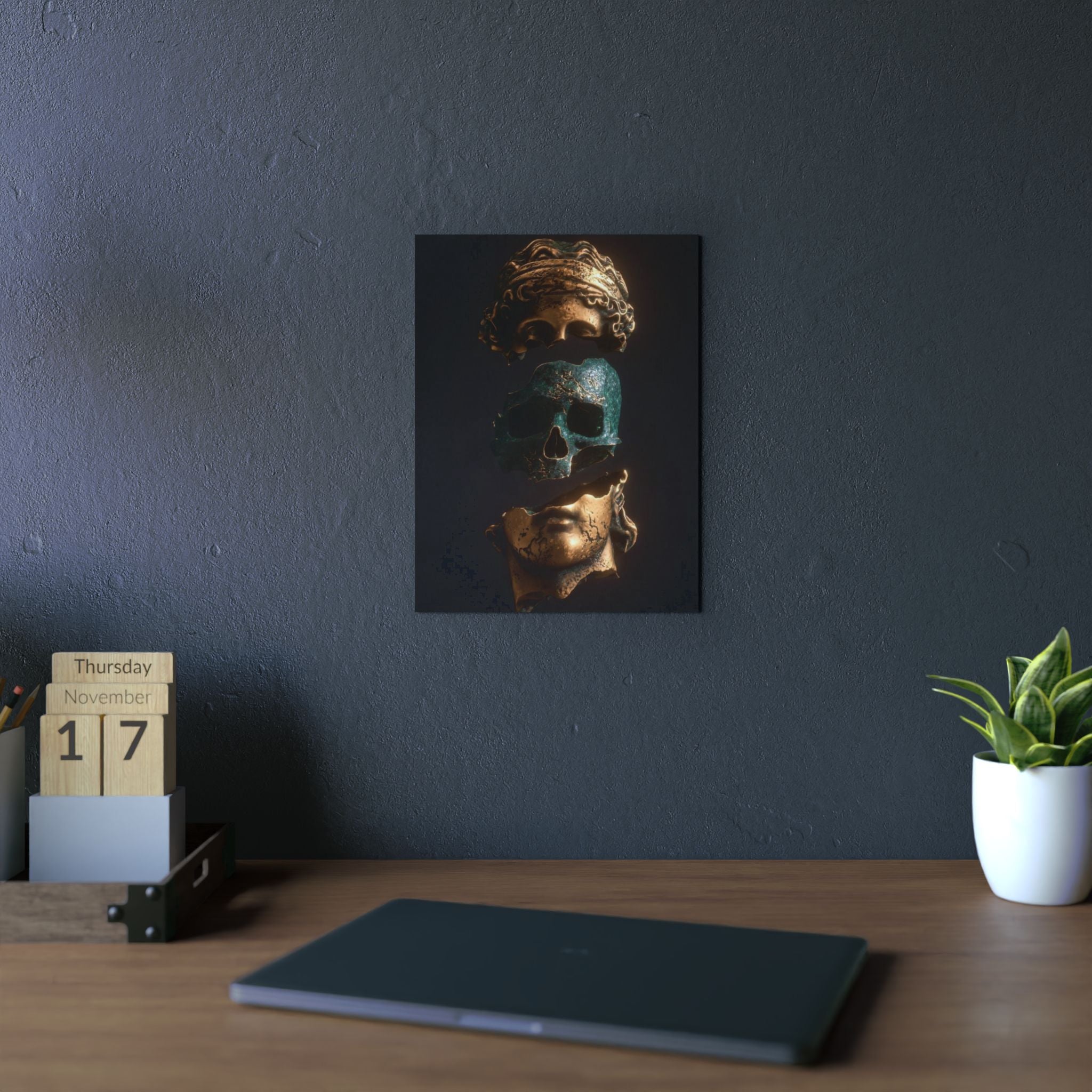 Aluminum Panel Art Print — Split Classical Bust with Patina Skull (Dark Surreal Wall Decor)