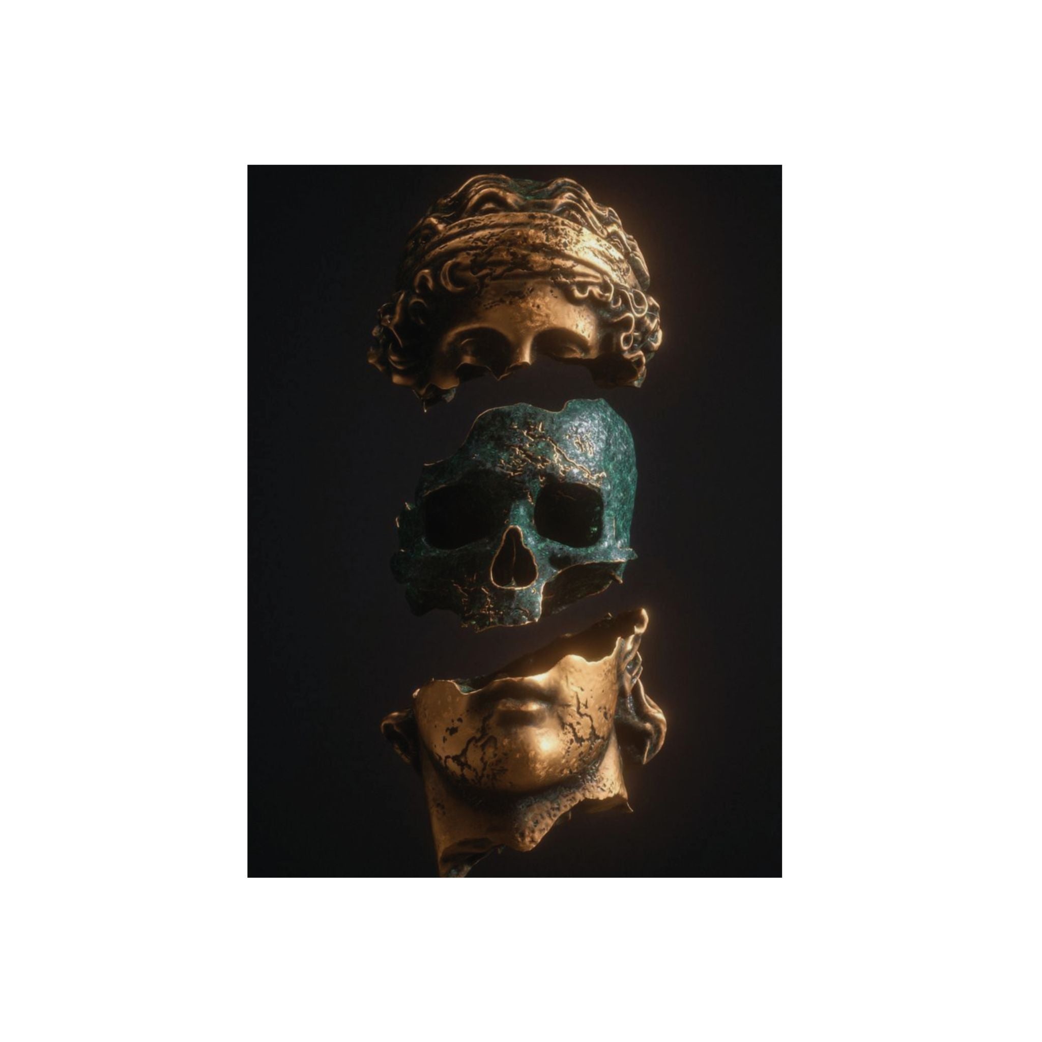 Aluminum Panel Art Print — Split Classical Bust with Patina Skull (Dark Surreal Wall Decor)