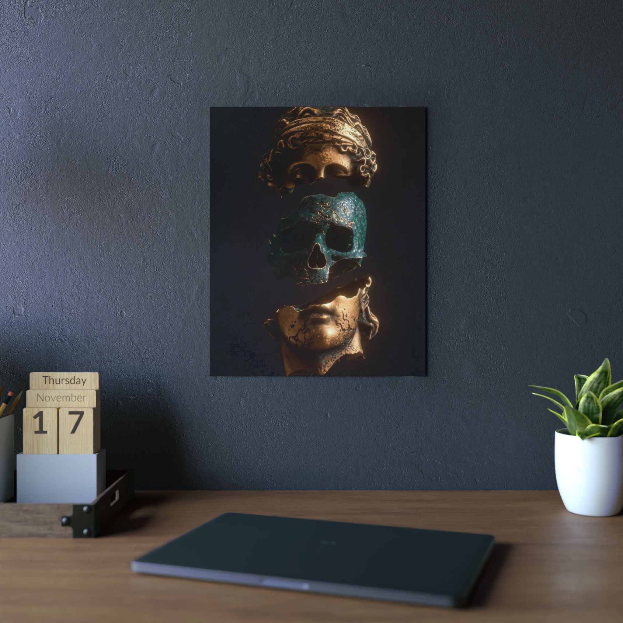 Aluminum Panel Art Print — Split Classical Bust with Patina Skull (Dark Surreal Wall Decor)